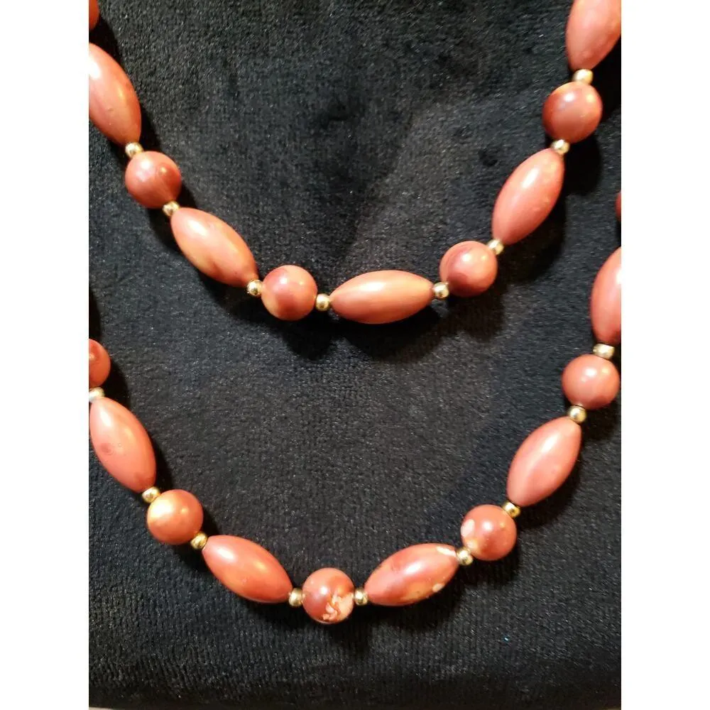 Women's Long Beaded Necklace Pink/Brown Oval Round Beads Lightweight Strand Gold - Image 7