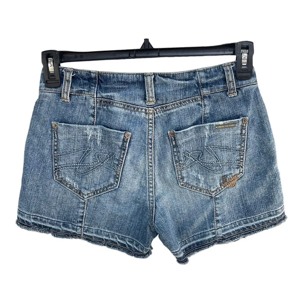 DKNY SZ 4 Jean Shorts Distressed Frayed Hems Medium Wash Mid-Rise Pockets Blue - Image 2