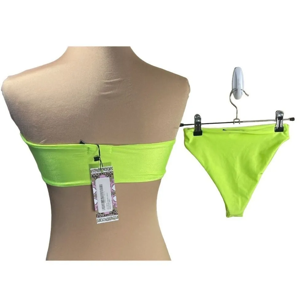 New Boohoo 2-Piece Bikini Bathing Suit Swimwear Knotted Bandeau Neon Yellow Size - Image 3