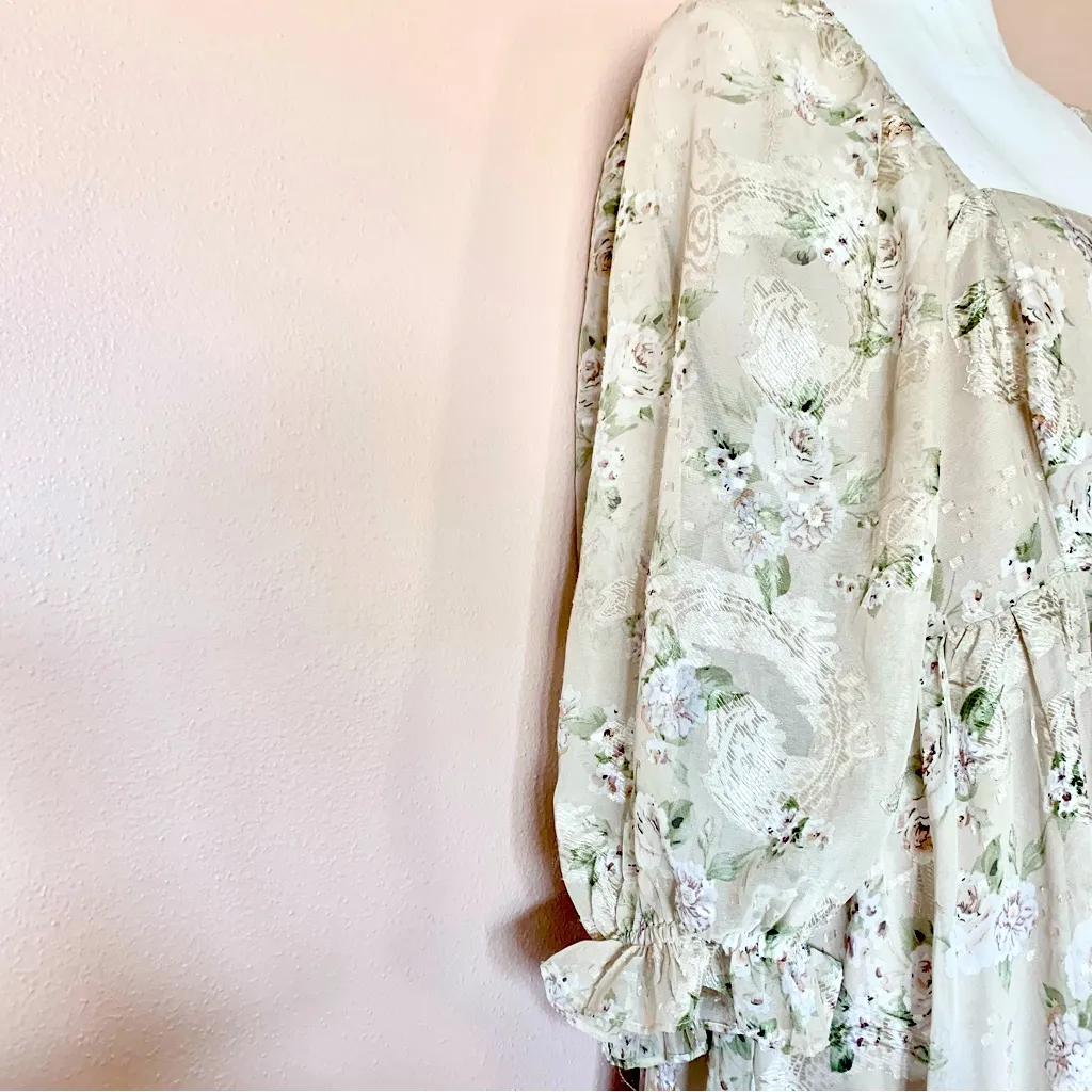 Arula Tan Beige & Green Floral Shimmer
Print Sheer Babydoll Maxi Dress. - Image 6