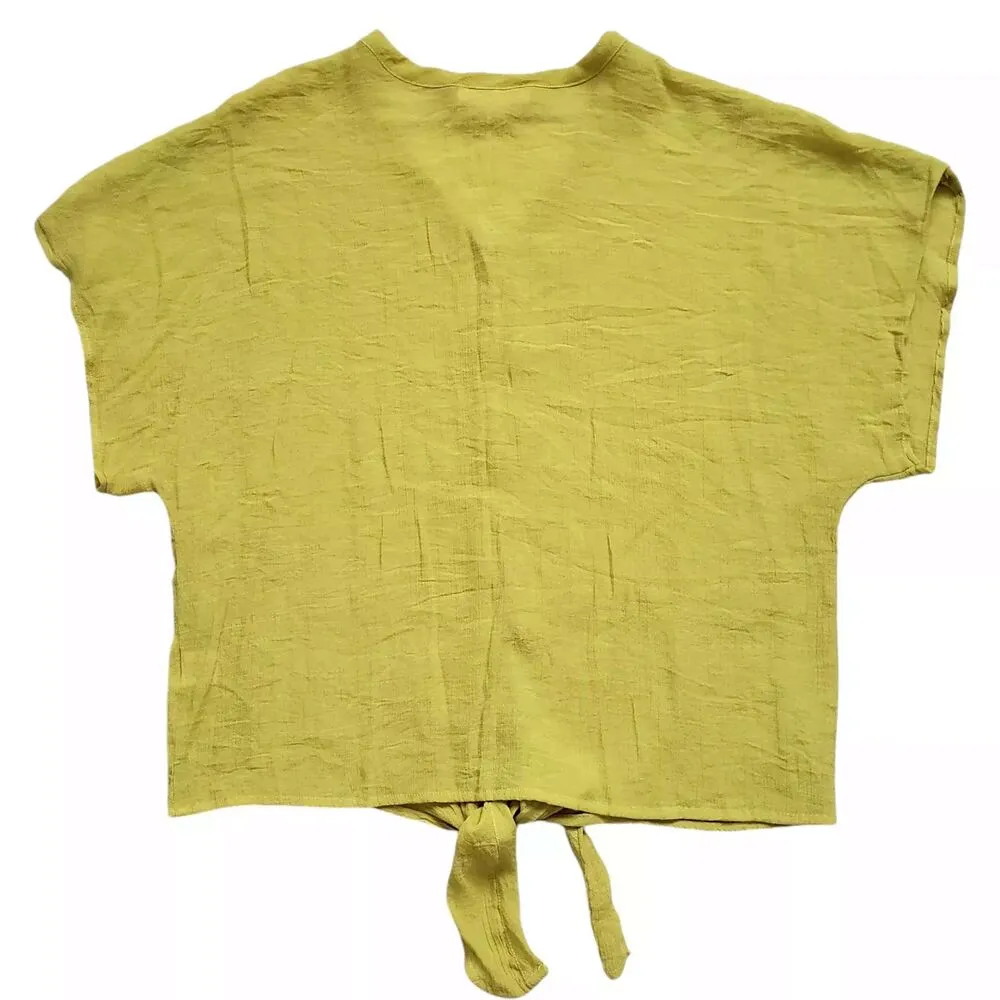 Timing Blouse Womens Large Yellow Wide Short Sleeve Button Down Tie Front Boho - Image 7