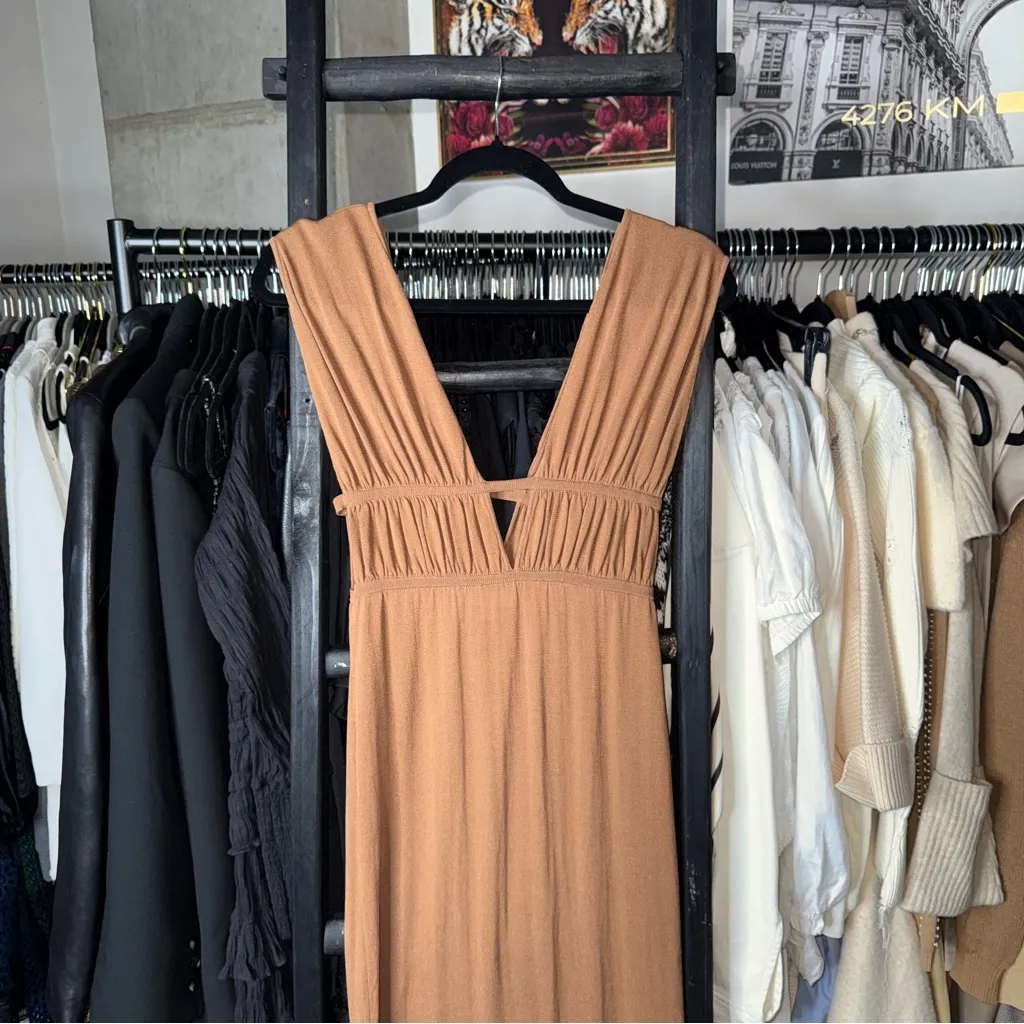 Ronny Kobo Charlie Dress Driftwood Brown Ruched Cutout Jersey Maxi - Image 5