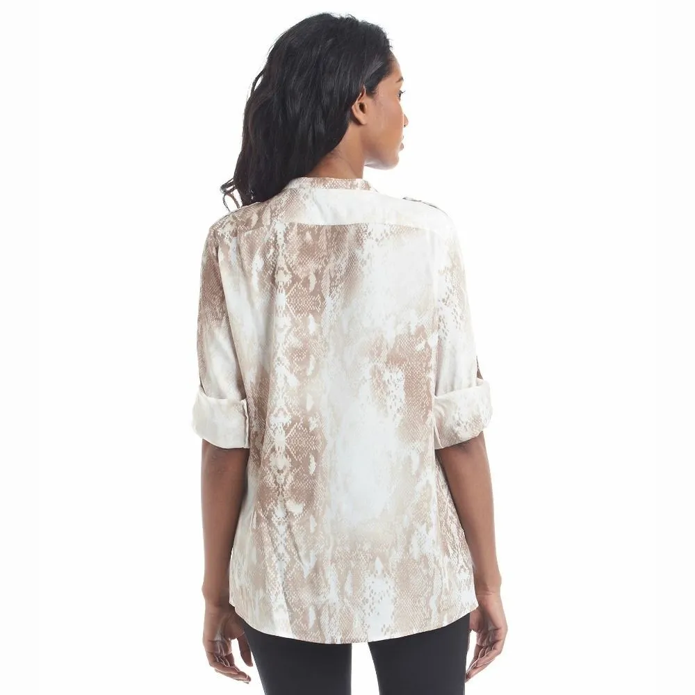 New! CALVIN KLEIN Python Print Button-Front Top Shirt Roll-tab Sleeve Work Top M - Image 3