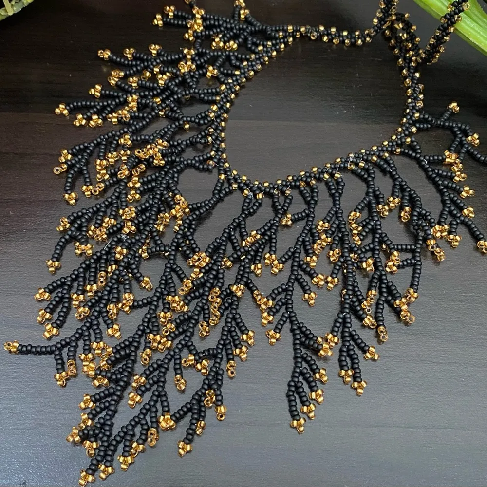 Vintage Black & Gold Seed Bead Fringe Tassel Crochet Statement Necklace - Image 13