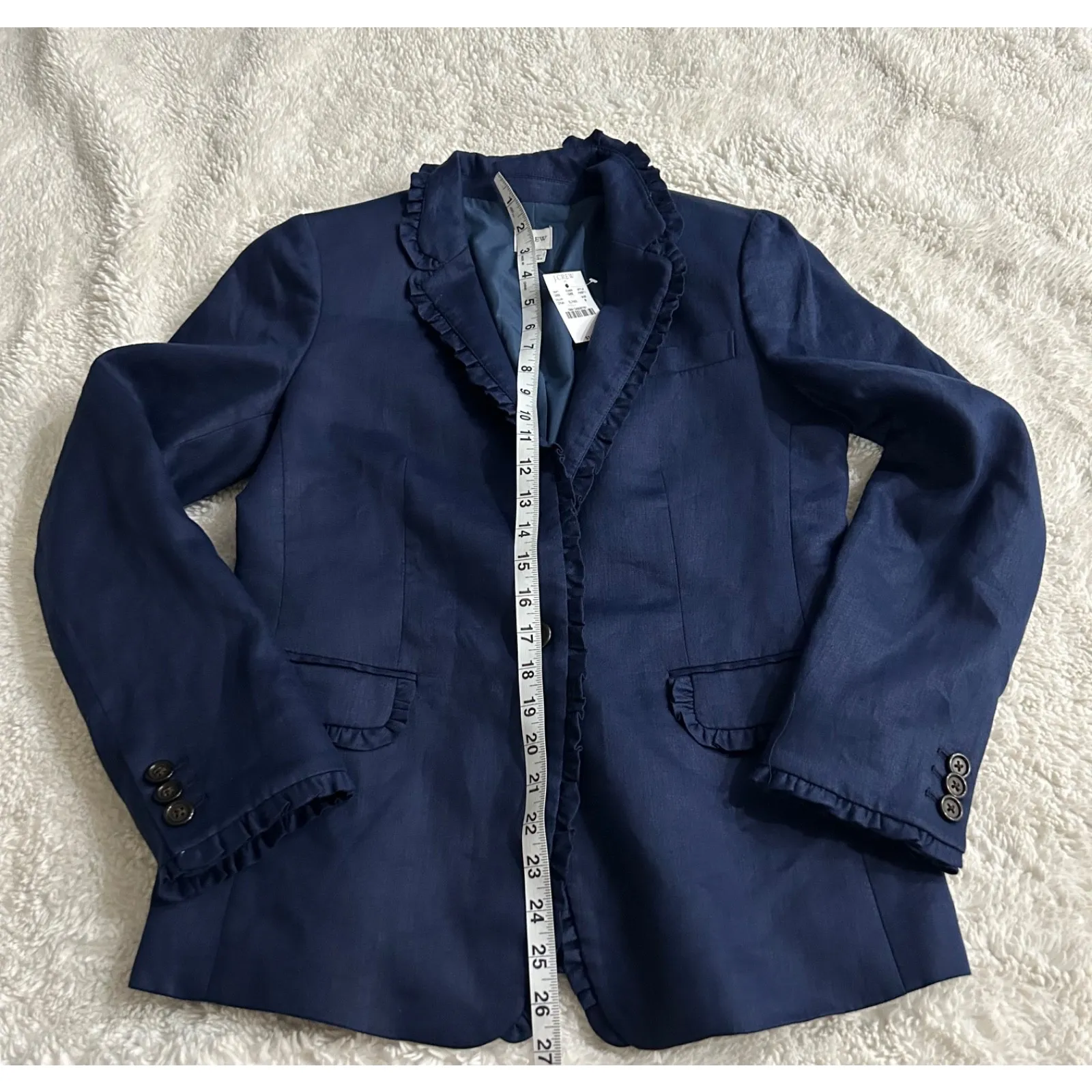 Women's Beautiful J Crew Linen Blazer Ruffle Accent NWT Blue H4911 Sz 6 - Image 4