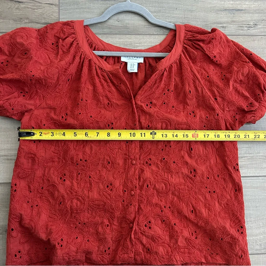 Calypso St. Barth Burnt Orange Eyelet Puffed Sleeve Button Down Cotton Blouse M - Image 6
