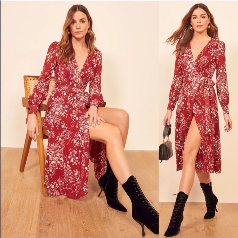 Reformation red floral wrap crepe midi dress WORN ON TV NEW - Image 8