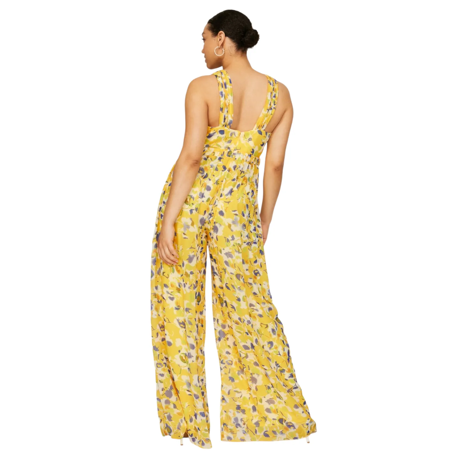 Mac Duggal Womens Halter Neck Wide Leg Jumpsuit Sz 4 Yellow Floral Resort Chic - Image 2