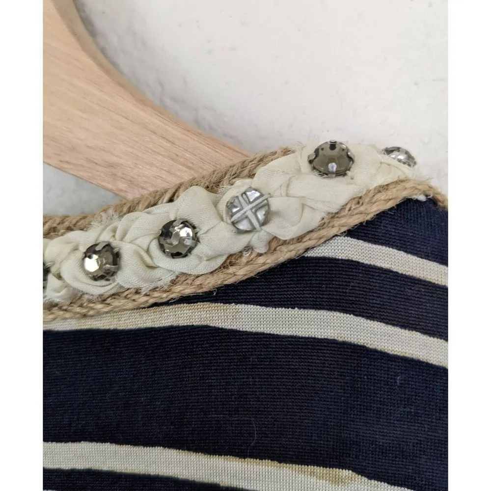 Tory Burch 100% Silk Evan Embellished Striped Silk Jersey Top Womens Size M Navy - Image 4