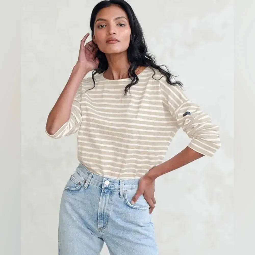 Saint James x Jenni Kayne Rue Drop Shoulder Linen Long Sleeve Tee Oatmeal Stripe - Image 2