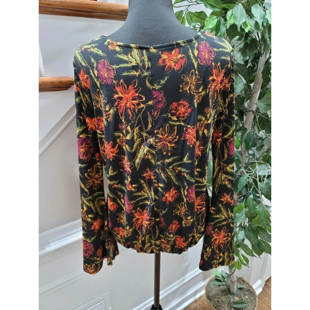 Catherine Women Black Floral Polyester Long Sleeve V-Neck Regular Fit Blouse XS - Image 7