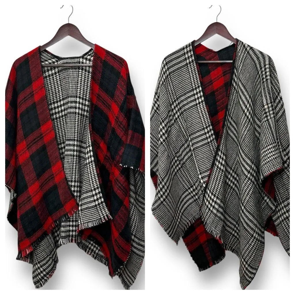 Women's Reversible Tartan Plaid Poncho Multicolor Holiday Festive Cozy - Image 2
