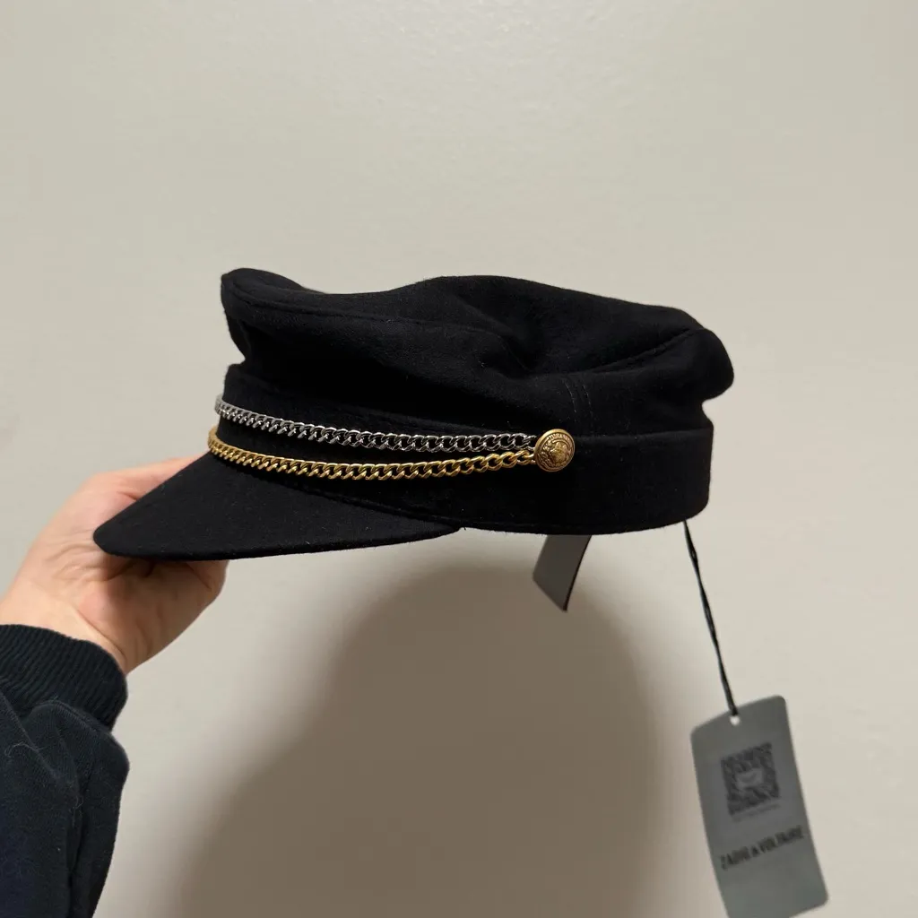 Zadig & Voltaire black chain mixed metal charm newsboy cap baker boy hat wool - Image 10