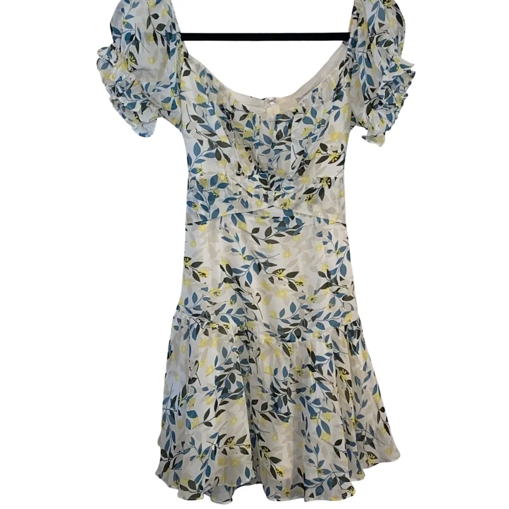 Hello Molly Double Text yellow green multi leaf Ruffle milkmaid Mini dress sz L - Image 5