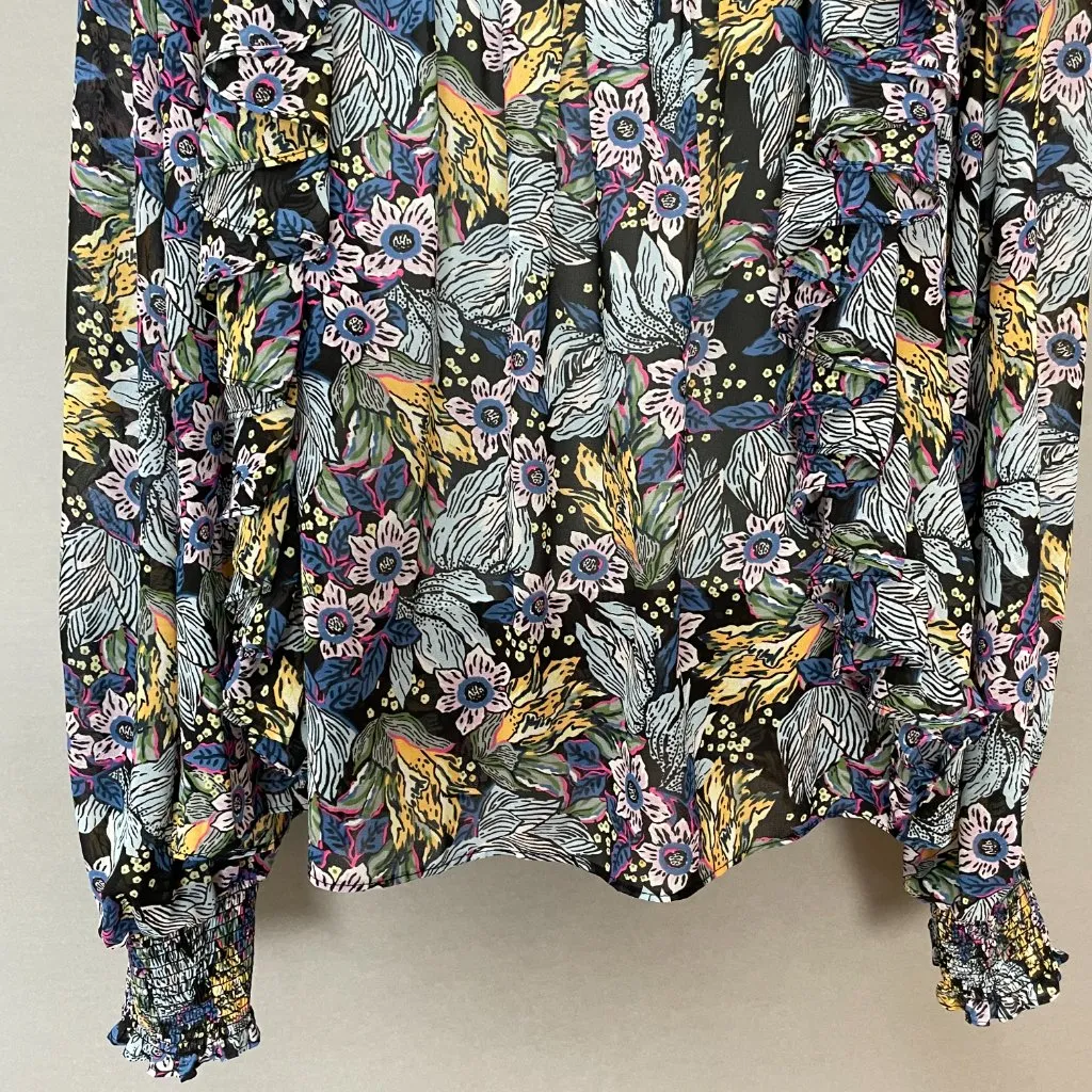 Floral Blouse Sheer Long Sleeve FLAWED Shirred Smocked Ruffles Blue Long‎ Sleeve Size L - Image 6