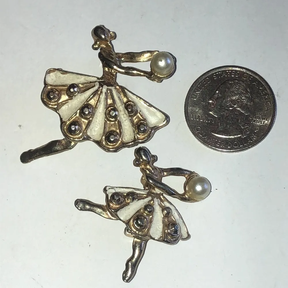 Vintage Gold Tone Off White Enamel Faux Pearl Ballerina Dancer Brooches - Image 2