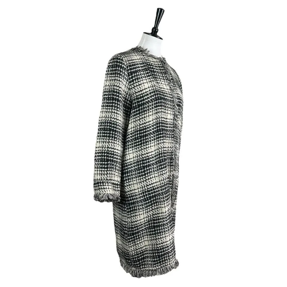 Maven West Women’s Long Jacket Open Front Fringe Black Cream Plaid Size Medium - Image 2