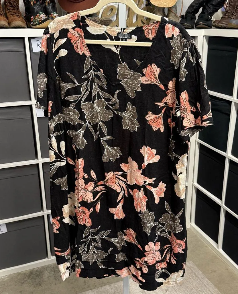 Nicole Miller Original Linen Viscose Floral Black and Pink Shift Dress - Image 2