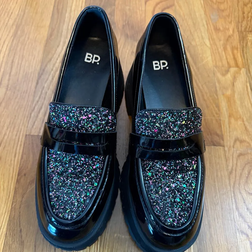 BP Women’s 8 Black Glitter Speckle Faux Patent Leather Chunky Platform Loafers r - Image 2