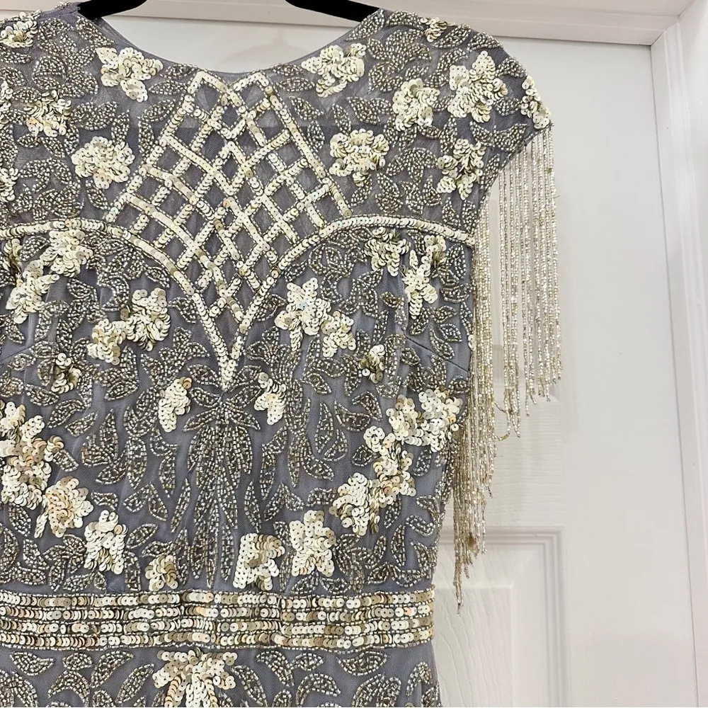 Mac Duggal 4908 HIGH NECK SLEEVELESS BEADED FRINGE FITTED GOWN Platinum Gold - Image 6