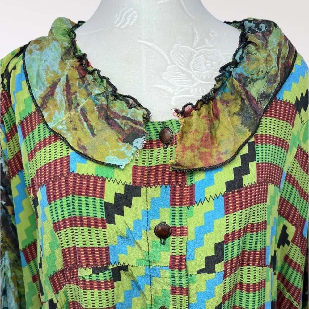 URU Silk Art Wear Patchwork Asymmetrical Dress One Size Green Size L - Image 2