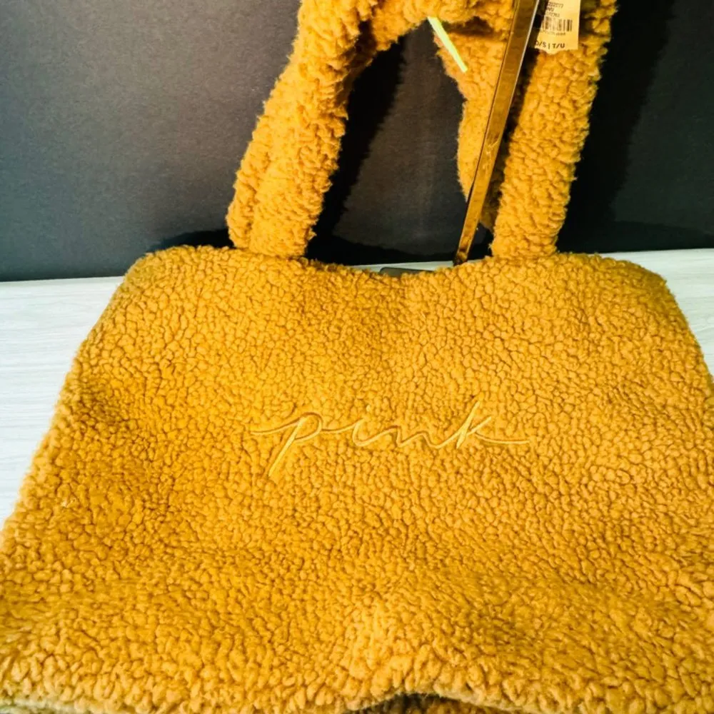 Victoria's Secret VS PINK Plush Sherpa Tote Bag Tan Brown Logo - Image 3