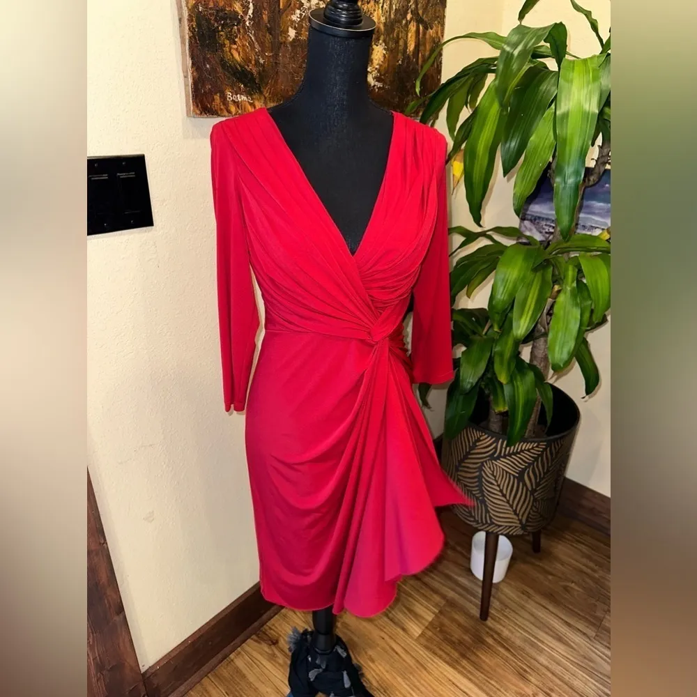 London Times Stretch Blouson Red Dress Size 6 Ruched - Image 4