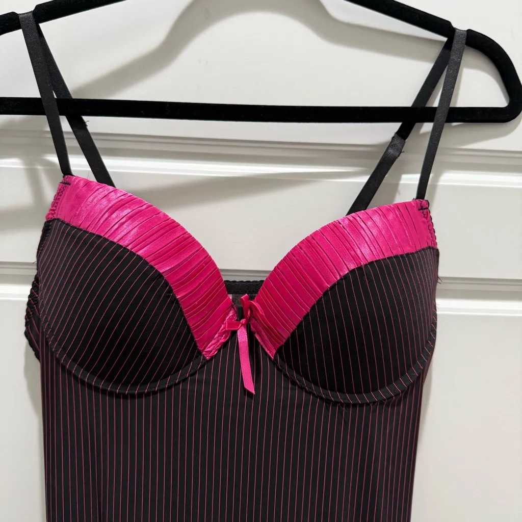 Inteco Intimates Black and Pink Lingerie Slip Dress Stripe Bow Costume Medium - Image 2