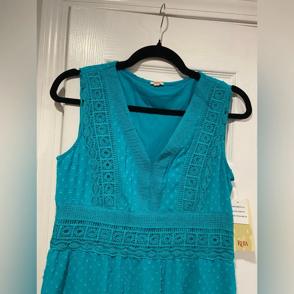 NWT Reba Size S Turquoise Swiss Dot Lace Sleeveless Midi Dress Asymmetrical Hem - Image 2