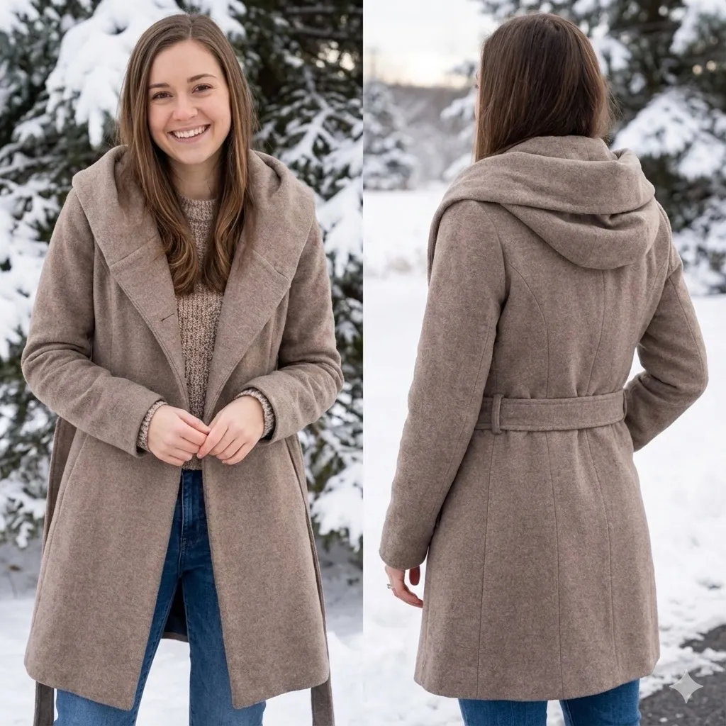 ZARA Basic 80% Wool Hooded Wrap Coat S Taupe Double-Breasted Belted - Image 2