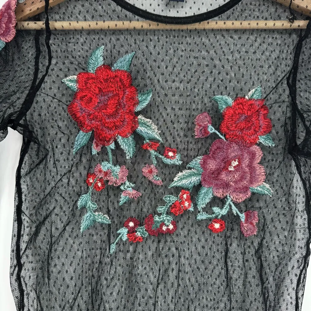 Floral Embroidered Black Mesh Top - Image 3