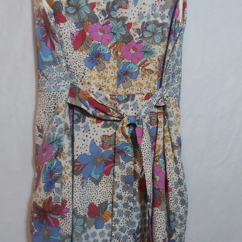 Apricot Floral Sleeveless Waist Tie Gathered Dress Dinner Party Size XS Pink - Image 10