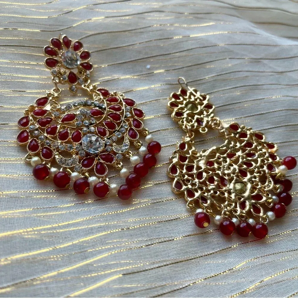 3 piece set earrings and tikka costume jewelry Pakistani Indian Bollywood Style Red - Image 4