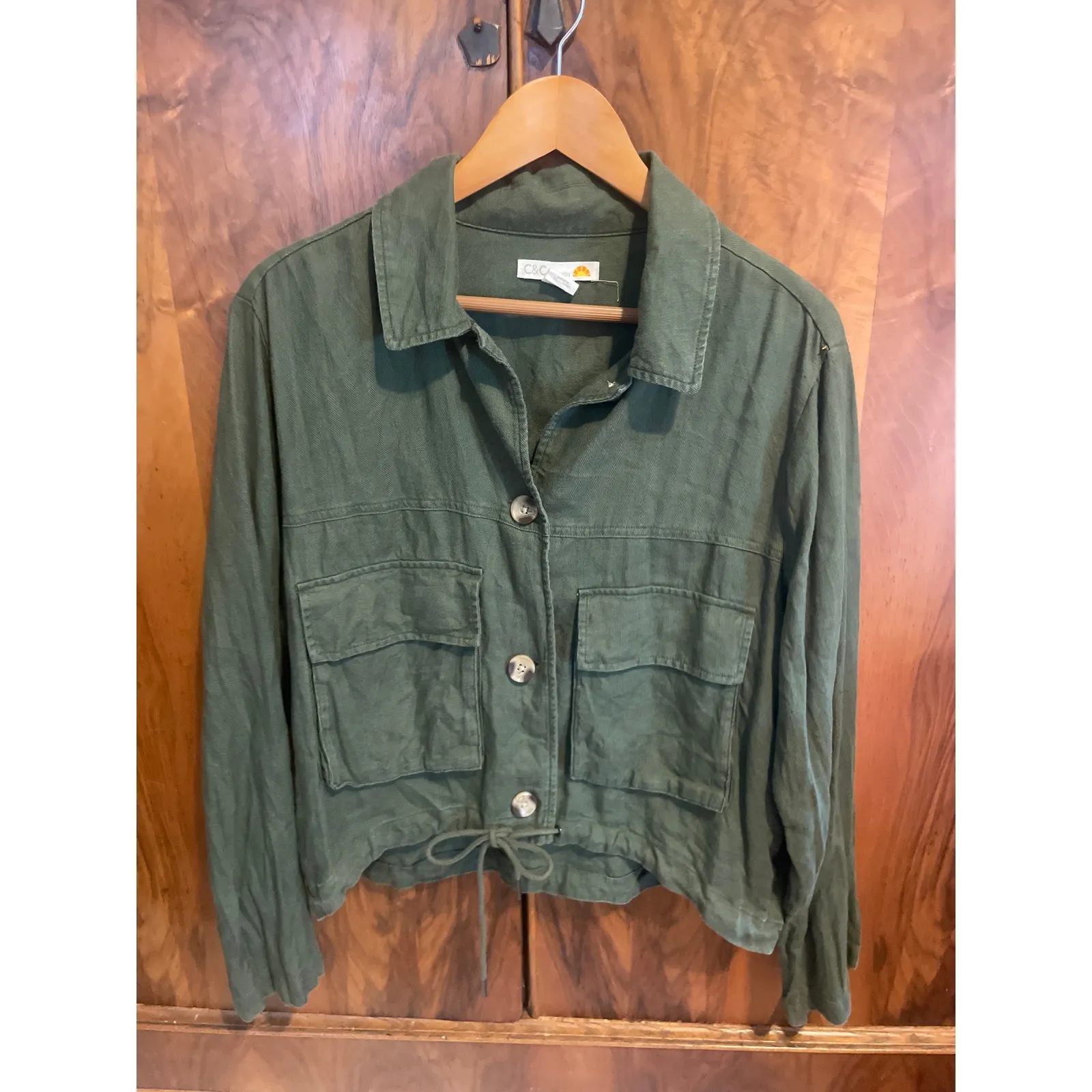 C&C CALIFORNIA Slouchy Lightweight Jacket Cropped Linen Size Large L Drawstring - Image 2