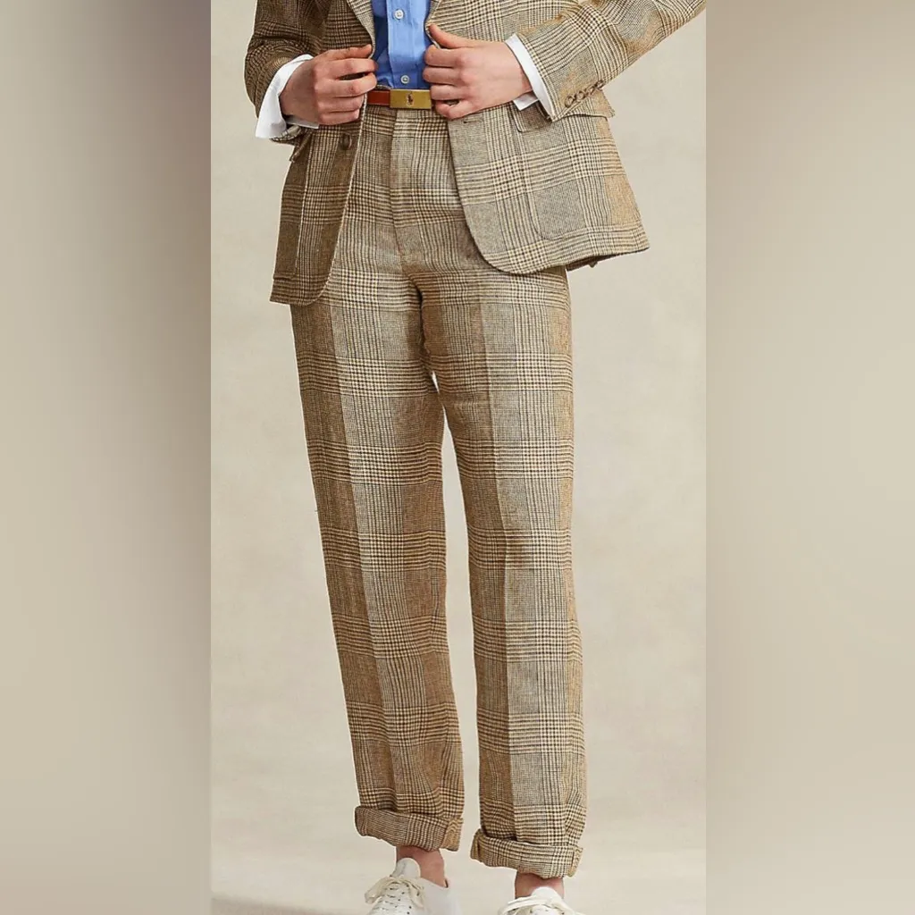 Polo Ralph Lauren Glen Plaid 100% Linen Tweed Pant vintage beige plaid size 2 - Image 4