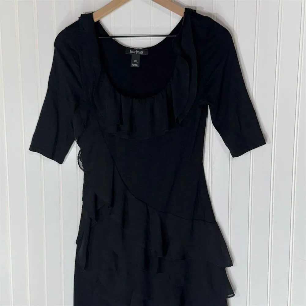 White House Black Market Tiered Ruffle Dress XS Black 3/4 Sleeve Whimsygoth - Image 2