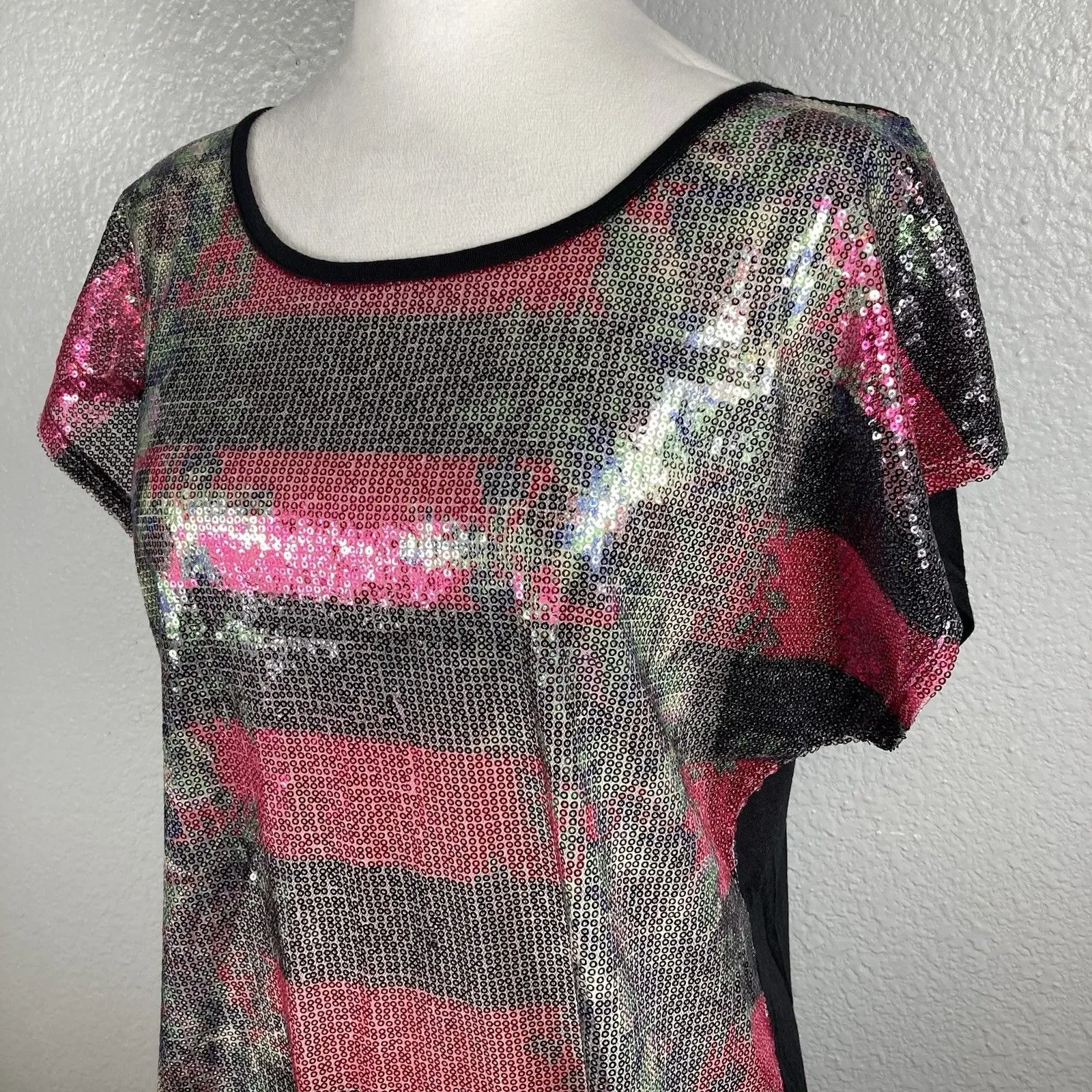 Sequin Party Top L Floral Sheer Shimmer Blouse NYE New Years Sparkle Whimsigoth - Image 2