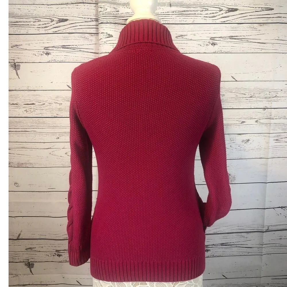 L.L. Bean high neck Cardigan Cable Knit Toggle Buttons Fucshia size small - Image 2