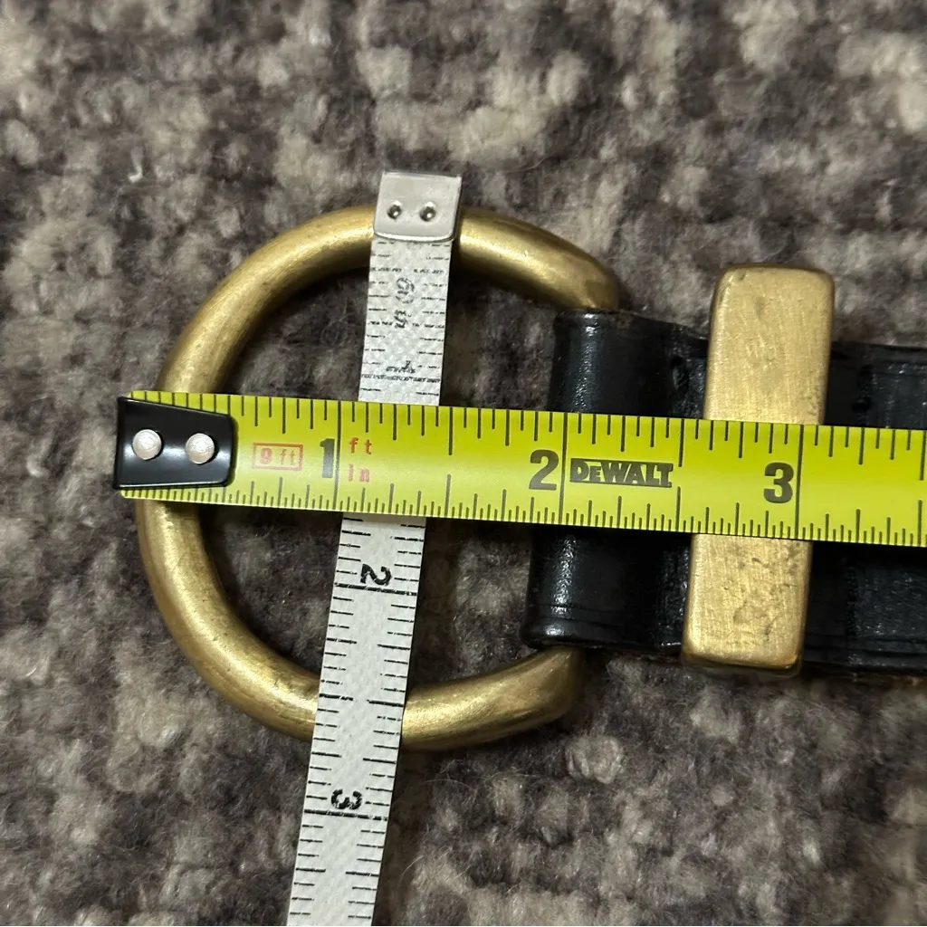 Vintage Y2K Size M Black Leather Round Solid Brass Buckle Belt - Image 6