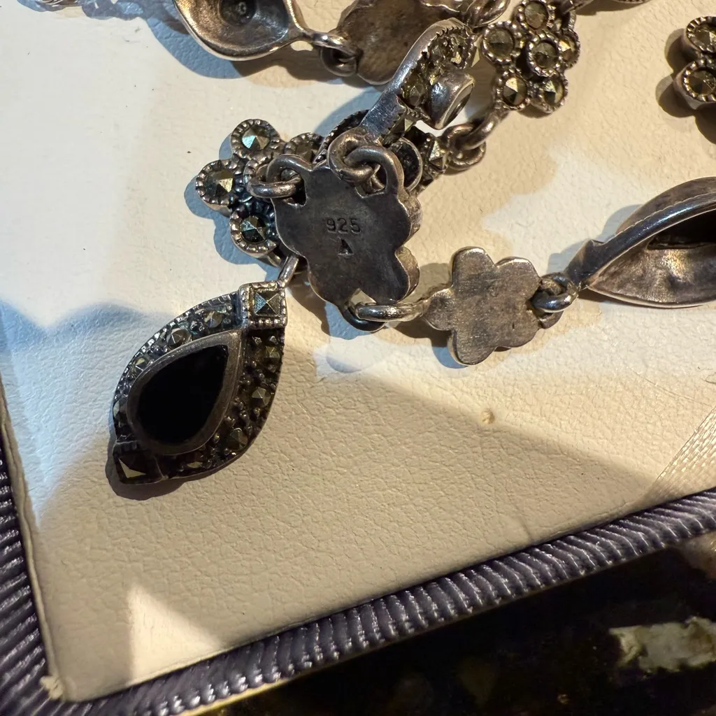 VTG ‎ Black Onyx Marquesite Art Deco Sterling Silver Necklace & Earring Set 925 - Image 5