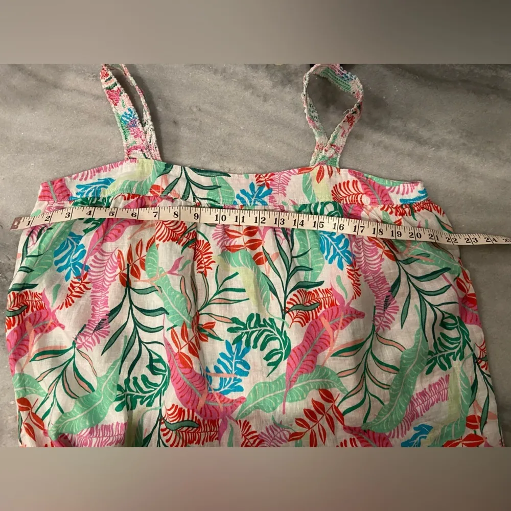 Cynthia Rowley Size L Smocked Strap 100% Linen Tropical Pearl Button Back Top - Image 8