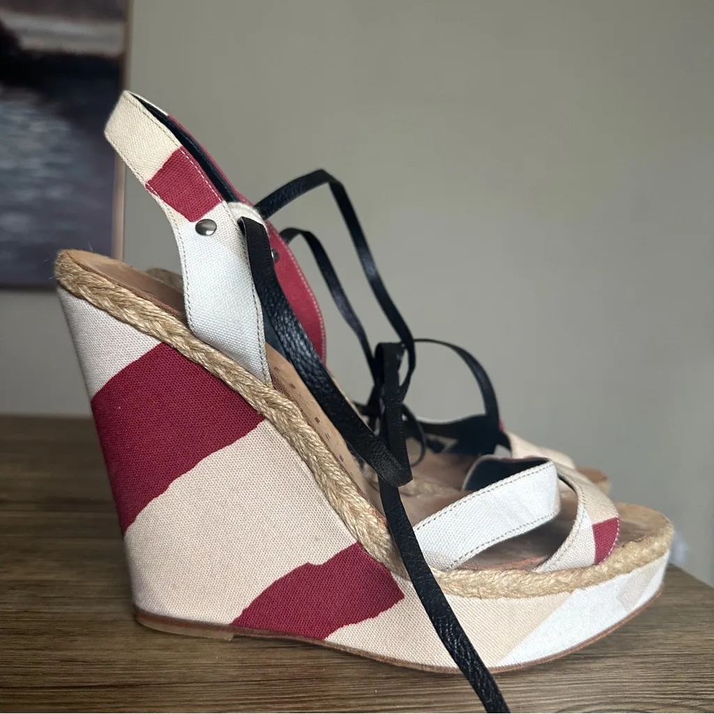 Burberry House Check Espadrille Wedges‎ Size 9.5 Color block red strappy 5” heel - Image 2