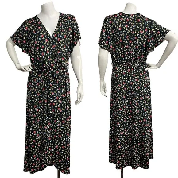 Suzanne Betro Dress Womens Black Floral Faux Wrap High Low Size Large Fin Sleeve - Image 2