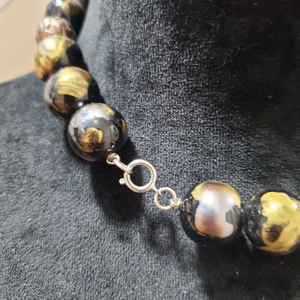 Womens Fashion Sculpted Orbs Black Gold Bead Bib Necklace with Spring Ring Clasp - Image 6