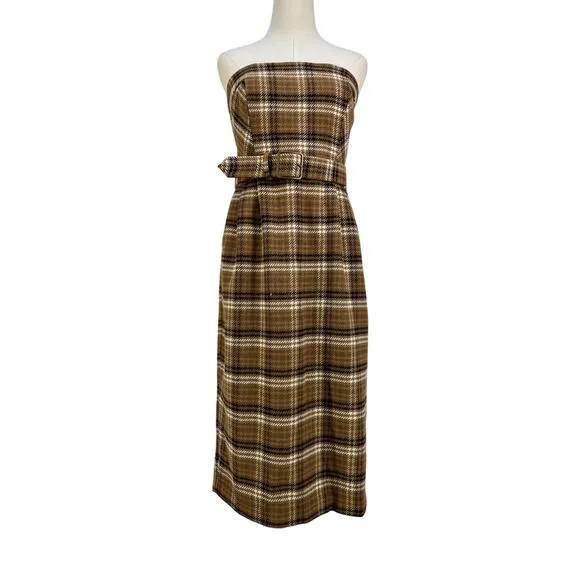By Anthropologie Strapless Belted Midi Dress Brown Plaid - Image 2