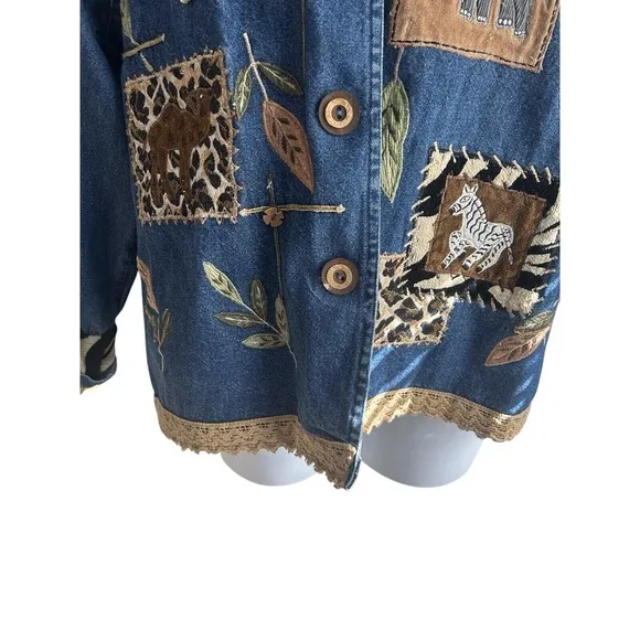 Vintage New Directions Women Medium Embroidery‎ Animal Print Blue Denim Jean - Image 7