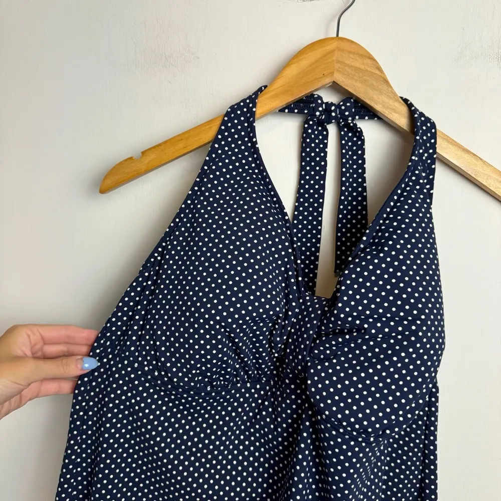 Land’s End Womens Tankini Halter Swim Top Sz 18D Polka Dot Print Navy Blue White - Image 4