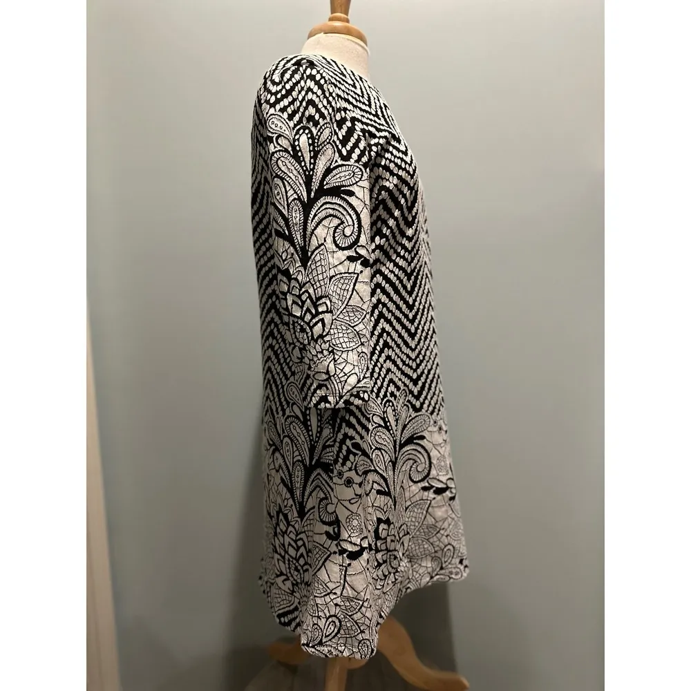 MSK Black White geometric floral abstract 3/4 sleeve dress size Large - Image 5