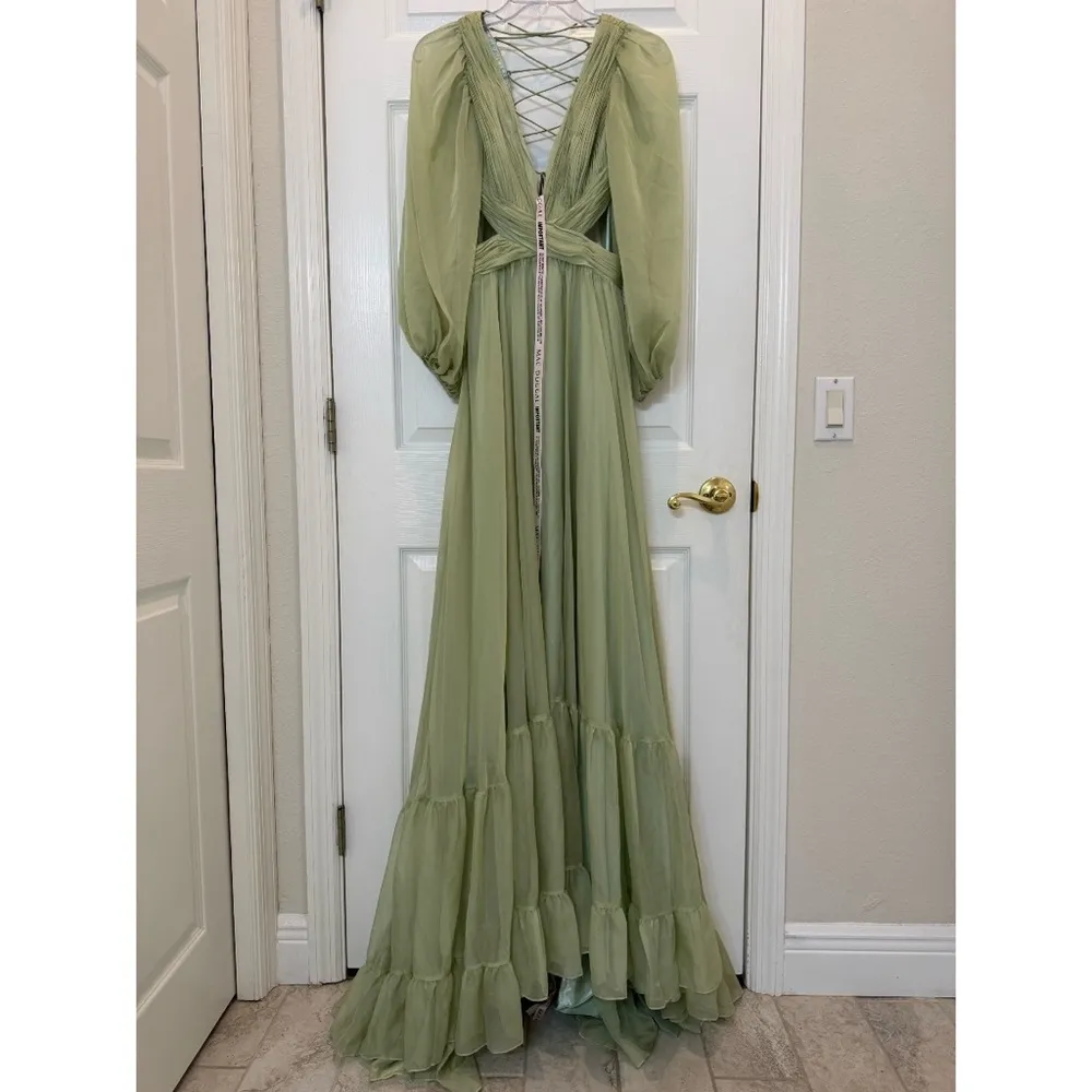 Mac Duggal 67948 Pleated Cut Out Long Sleeve Lace Up Tiered Gown Size 6 NWT - Image 5