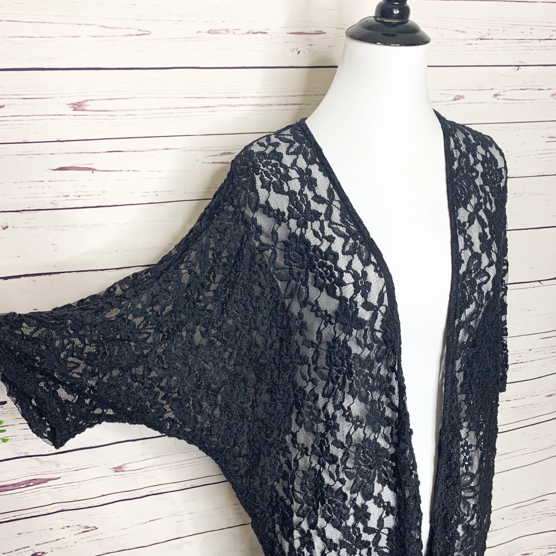 Mauve Black Lace Fringe Trim Kimono Small - Image 6